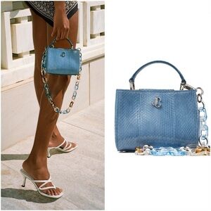 JIMMY CHOO Varenne Top Handle Blue Glossy Elaphe Mini Handbag Plexi Chain